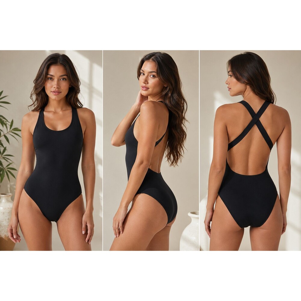 Andie Black One Piece Swimsuit XL Tall Criss Cross Back Padded Shelf Bra NWOT